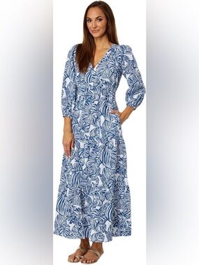 New Lilly Pulitzer Deacon 3/4 Sleeve V-Neck Aegean Navy Beach Path Maxi Dress 4